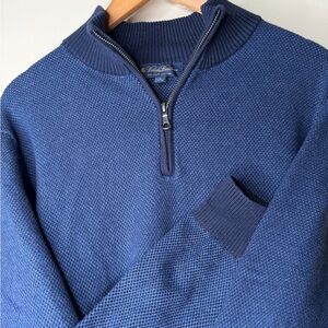 Brooks Brothers Mens Large Blue Textured Quarter Zip Knit Sweater Supima Cotton
